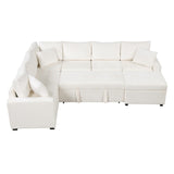 English Elm 112.2" Sectional Sofa Pull-Out Sofa Bed Sleeper With A Storage Ottoman,Three Pillows and Charging Devices For Living Room, Cream