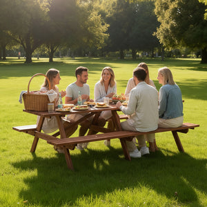 English Elm Extra Extra Large 95-Inch Fir Wood Picnic Table Set with Benches, 12-Person Rustic Brown Patio Table with Umbrella Hole, Durable Backyard Furniture 94.5" x 50.4" x 23.6" W1422P354884