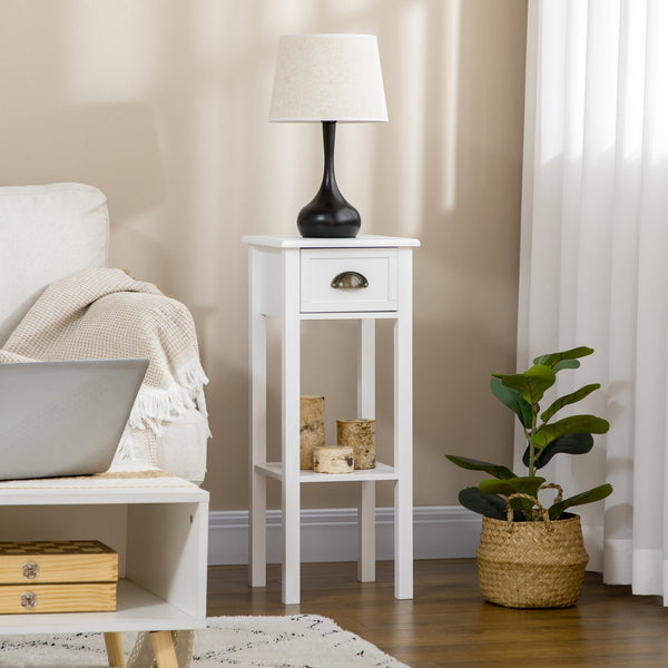 English Elm HOMCOM Narrow 2-Tier Side Table with Drawer and Elevated Shelf — Slim Accent End Table, Sturdy Storage White W2225P200905