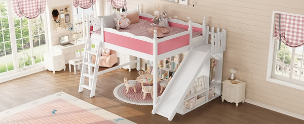 English Elm Queen Solid Pine Loft Bed with Wardrobe Shelves Detachable Slide and Dual Sleeping Zones Pink,White W5305S00026