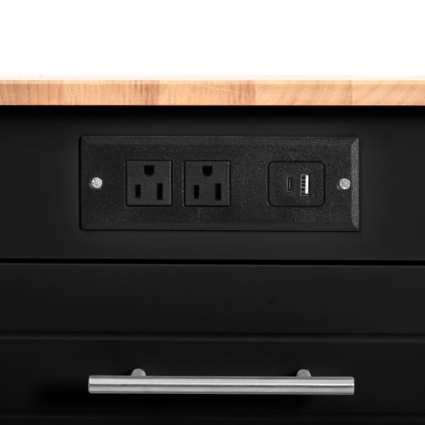 English Elm K&K Fluted Kitchen Island Cart with Tilt-Out Trash, Charging Station, Hidden Wheels & Ample Storage Black N707P221571B