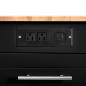 English Elm K&k Rolling Kitchen Island Rubber Wood Top Fluted Cabinet Built-in Charging Station Black N707S221571B