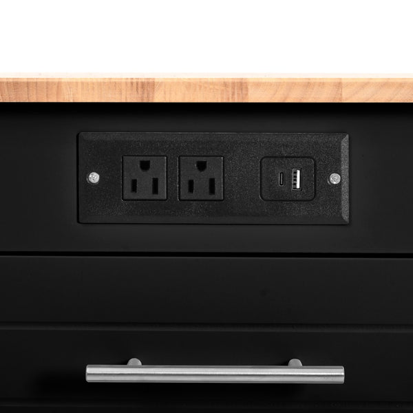 English Elm K&k Rolling Kitchen Island Rubber Wood Top Fluted Cabinet Built-in Charging Station Black N707S221571B