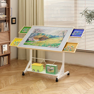 English Elm (white) Wooden Puzzle Table with Drawers Tilting Top Wheels and Protective Cover W2641P442535