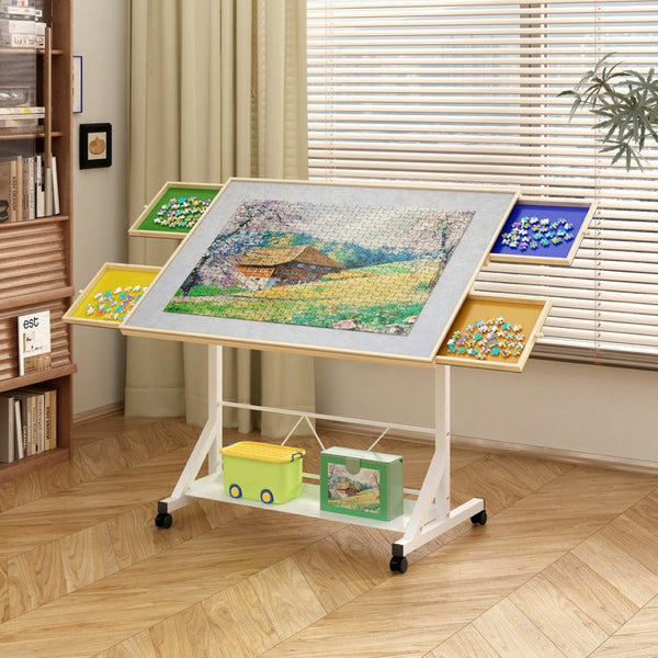 English Elm (white) Wooden Puzzle Table with Drawers Tilting Top Wheels and Protective Cover W2641P442535