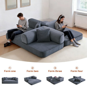 English Elm Floor Sofa Bed Modular Corduroy Convertible Lounge with Steel Frame for Living Room Antique Gray W3565P397201