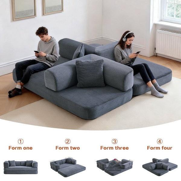 English Elm Floor Sofa Bed Modular Corduroy Convertible Lounge with Steel Frame for Living Room Antique Gray W3565P397201