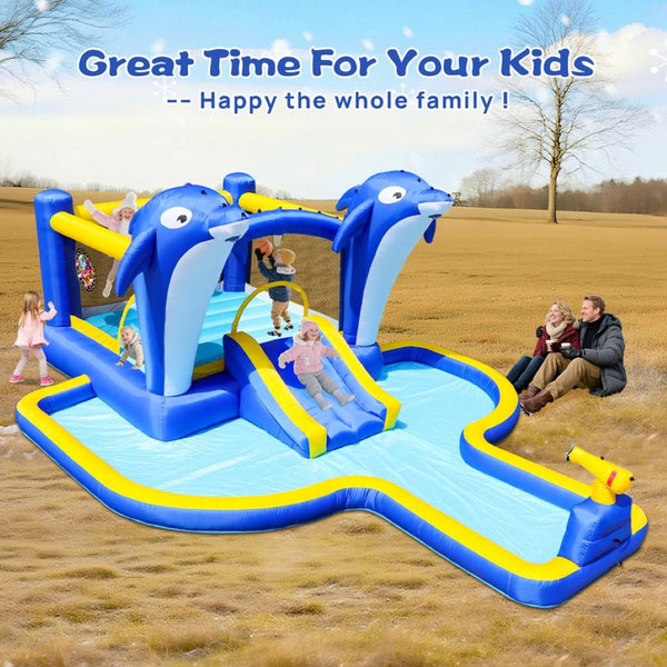 English Elm 8 in 1 Inflatable Outdoor Water Park Bounce House with Slide Sprinkler Hoop W167790002