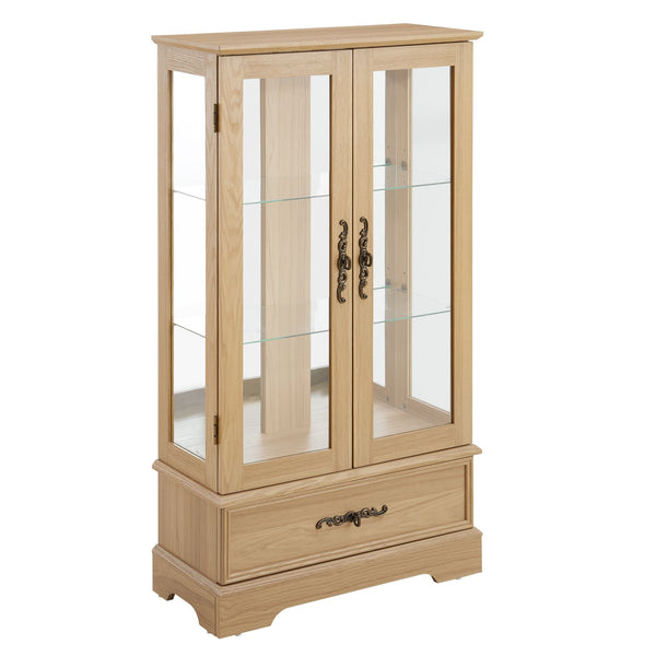 English Elm Glass Lighted Curio Cabinet with Adjustable Glass Shelves, 2 Doors 1 Drawer, Oak Finish, Bulb Included and Anti-Tip Safety Strap for Secure Display of Collectibles W2275P178890