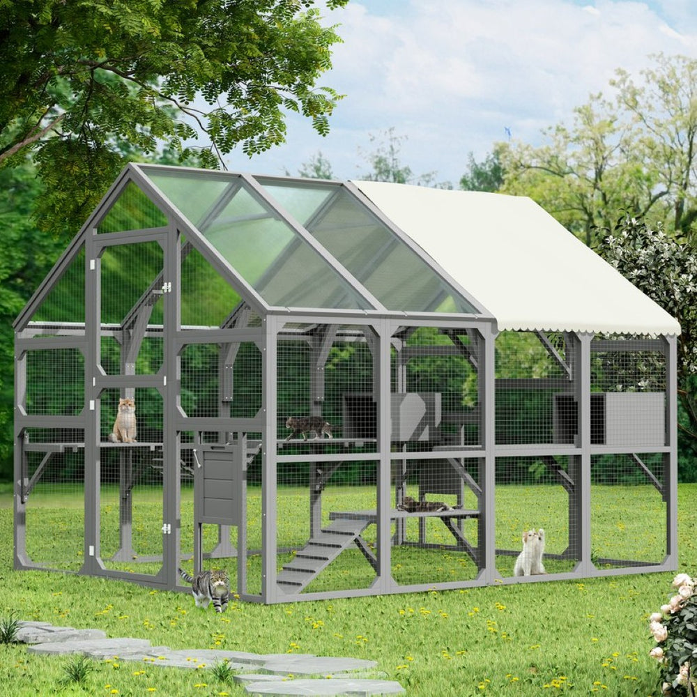 English Elm Large Walk-in Pine Catio Multi-cat Enclosure with Seven Platforms and Weatherproof Roof N704G201613E