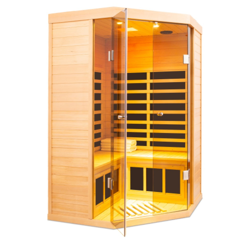 English Elm Hemlock Wood Corner Sauna with Far Infrared Panels for Deep Heat Therapy W1787P324686