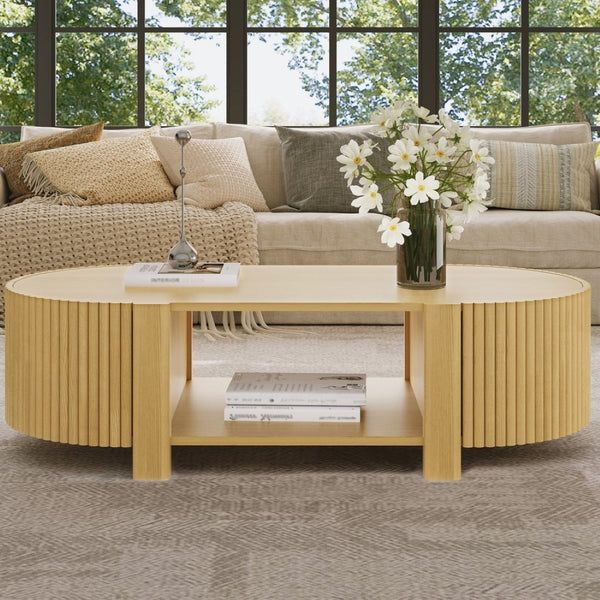 English Elm Oval Fluted Rubberwood Coffee Table with Open Storage Shelf for Living Room Natural N735P369880N