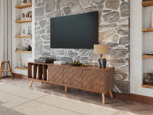 English Elm 70" Mid-Century Modern TV Stand with Lattice Wood Grain, 3 Cabinets & 4 Open Shelves, Walnut Elegance N710P222773P