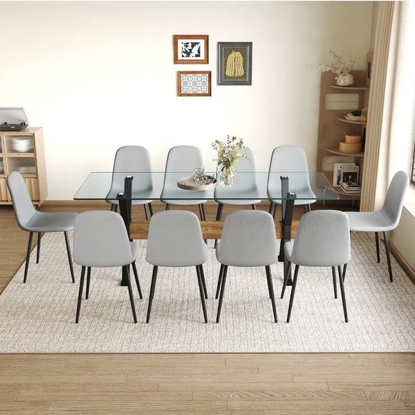 English Elm Table Set With 10 Light Gray Linen Chairs – Modern Glass Top & Durable Metal Frame For Dining Rooms W1151S03606-GIGA