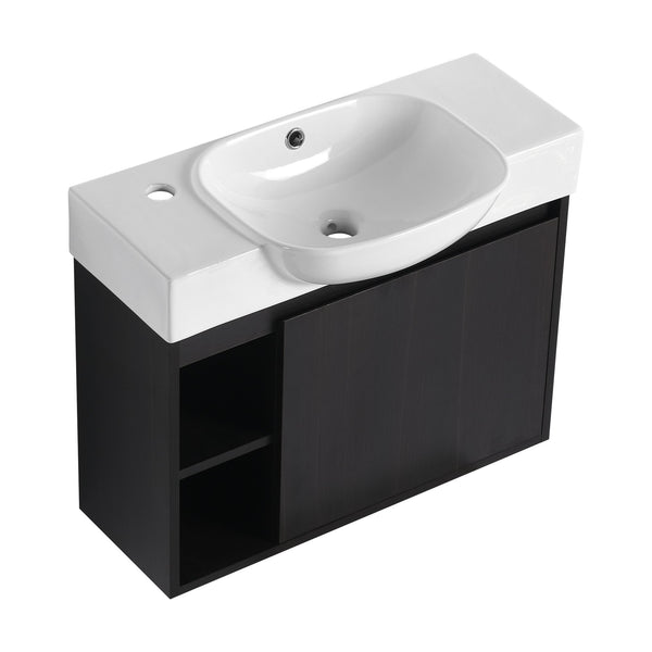 English Elm 26'' Wall-Mounted Bathroom Vanity with Glossy White Ceramic Sink, Soft-Close Door & Waterproof Finish Dark Oak W999P310759