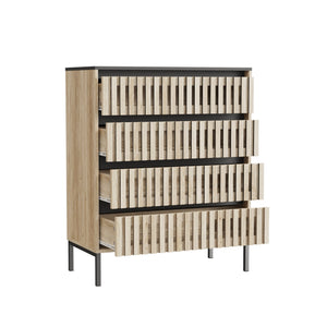 English Elm Fluted,4 Drawer Chest with Slatted Fronts — Large Capacity Freestanding Storage, Natural+Black Finish W2673P208644