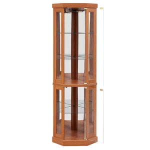 English Elm Corner Lighted Curio Cabinet Dark Oak Finish with Mirrored Back and Glass Shelves W2275P296058