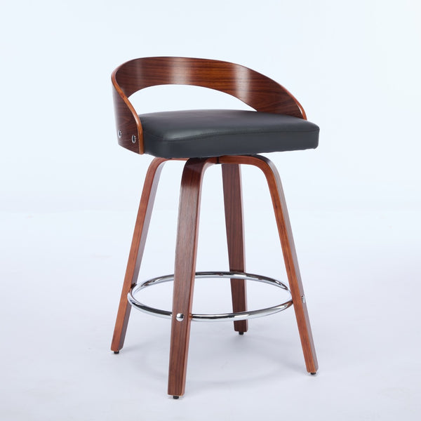 English Elm Bar Stools Set of 2 Mid-century Swivel Walnut Wood Frame with Cushioned Seat Black Pu W1143P173431