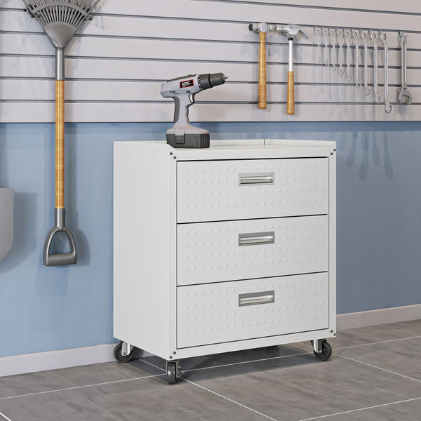 English Elm Rolling Metal Garage Cabinet with Locking Doors Diamond Texture Industrial Storage White B365P398223