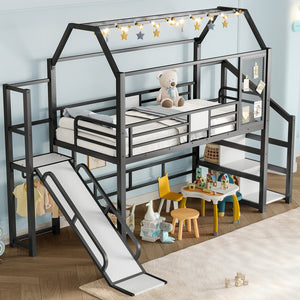 English Elm Twin House Loft Bed with Slide and Stairs, Metal Playhouse with Storage Shelves and Quiet Design Black W1580S00348