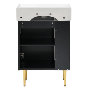 English Elm 21.6" Black Bathroom Vanity with Ceramic Sink, Left Side Storage, Gold Legs, Soft-Close Hinges and Triple-Coat Finish SV000007AAB