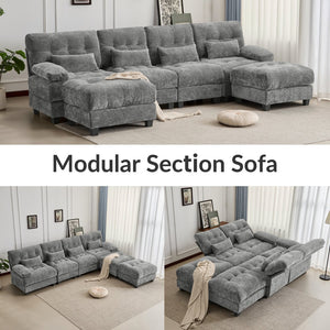 English Elm 119" 4-Seater Sofa with 2 Ottomans - Adjustable 4-Position Backs, 350lb Seats, Soft Chenille, Pillows Gray W2606S00037