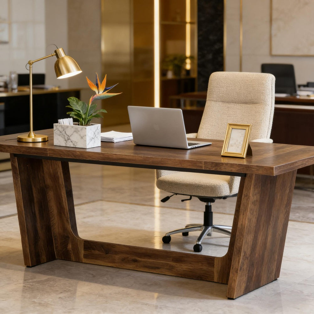 English Elm Industrial Executive Wood Desk with Rustic Brown Veneer for Home Office Workspaces T3971P450979
