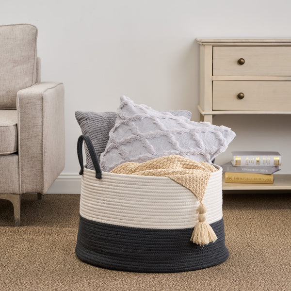 English Elm Cotton Round Laundry & Storage Basket with Sturdy Handles 21.7"x13" Spacious Neutral Two-Tone Design Gray,White B093P295078