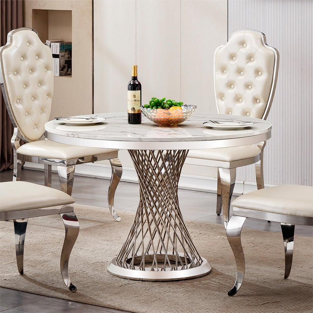 English Elm 47" Round Marble Dining Table - Modern High Gloss Faux Marble Top & Stainless Steel Base, Easy Care W3456S00001