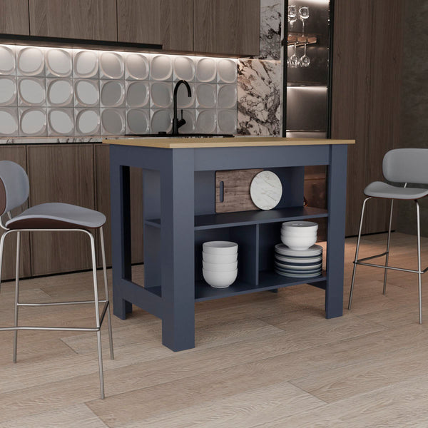 English Elm Kitchen island with 3 open shelves 35.4" H — modern white and black wengue finish, compact storage solution Natural+ Blue 45.28 L x 32.28 W x 4.33 H B097P395892