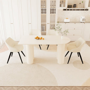 English Elm 63" Cream Mdf Dining Table Set with Carved Wave Legs and Beige Pu Upholstered Chairs Beige+Cream W2189S00849