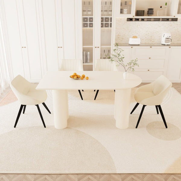 English Elm 63" Cream Mdf Dining Table Set with Carved Wave Legs and Beige Pu Upholstered Chairs Beige+Cream W2189S00849