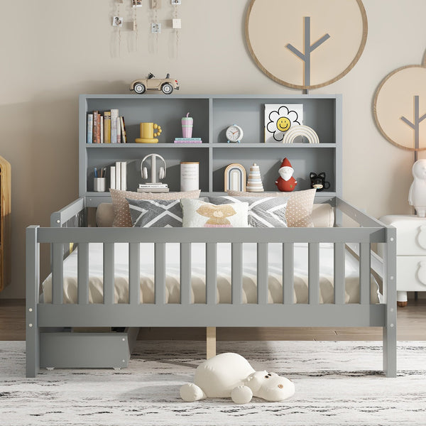 English Elm Full Solid Wood Platform Bed with Chalkboard Headboard, Storage Drawers & Shelves, Kid-Friendly White Gray W1580P362710