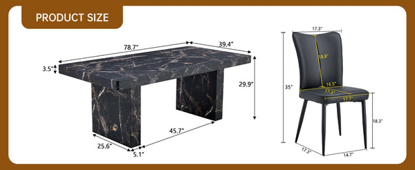English Elm Table and Chair Set Seats Six with Marble Pattern Mdf Top and Pu Leather Dining Chairs W1151S04138