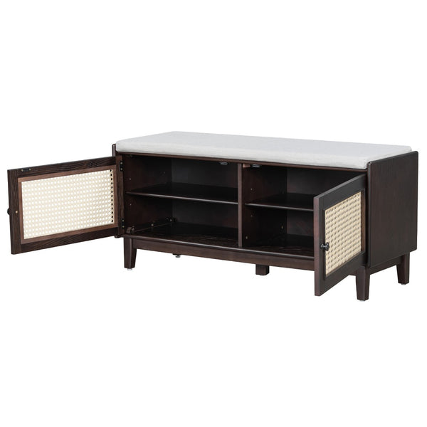 English Elm Trexm Bohemian Rattan Storage Bench Cushioned Seat Shoe Cabinet for Entryway Beige,Espresso N715P308012P