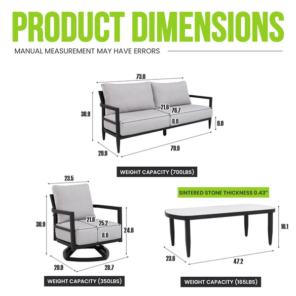 English Elm 4pc Outdoor Conversation Set Swivel Chairs Sintered Stone Table Sunbrella Cushions W1886S00041