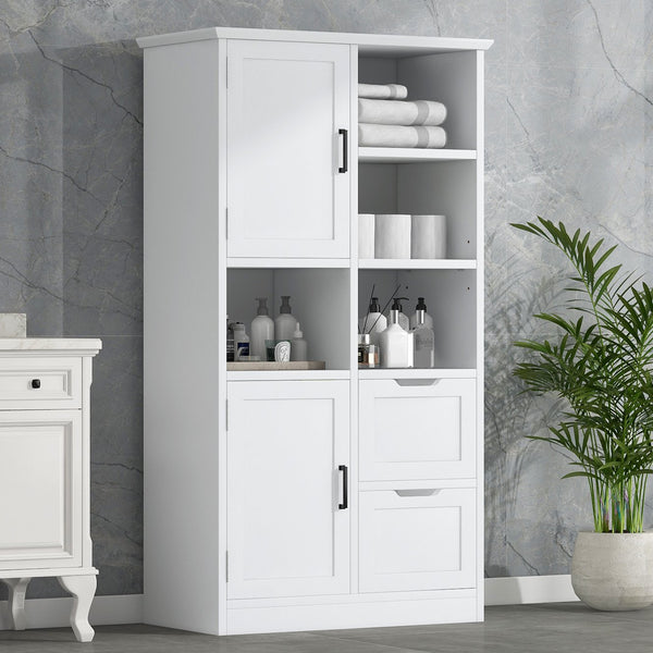 English Elm Bathroom Tall Storage Cabinet with Doors, 2 Drawers, Adjustable Shelf, Anti-Tip, MDF White, Sleek Handles WF530559AAK