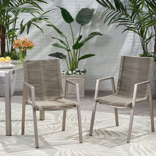 English Elm Christopher Knight Home® - Outdoor Aluminum Dining Chair with Handwoven Rope Seat, Sleek Weather-Resistant Patio Seating Set taupe 64679.00SIL