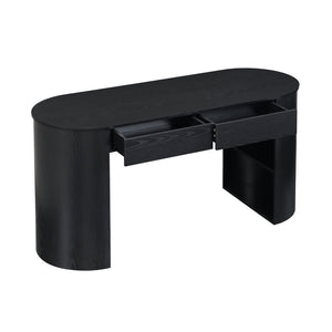 English Elm Storage Writing Desk with Curved Base Open Shelves and Drawers for Home Office Black N757P306285B