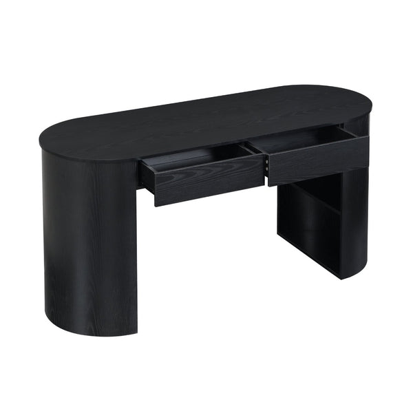 English Elm Storage Writing Desk with Curved Base Open Shelves and Drawers for Home Office Black N757P306285B