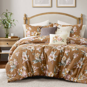 English Elm 7-piece Queen Vintage Floral Comforter Set Cotton Blend Slub Weave Reversible Stripe Terracotta B035P440209
