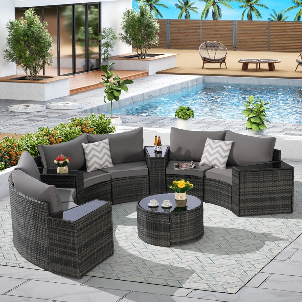 English Elm Outdoor Patio Furniture 11-Piece Half-Moon Sectional Set With Glass Table For Stylish Outdoor Lounging W874S00047-GIGA
