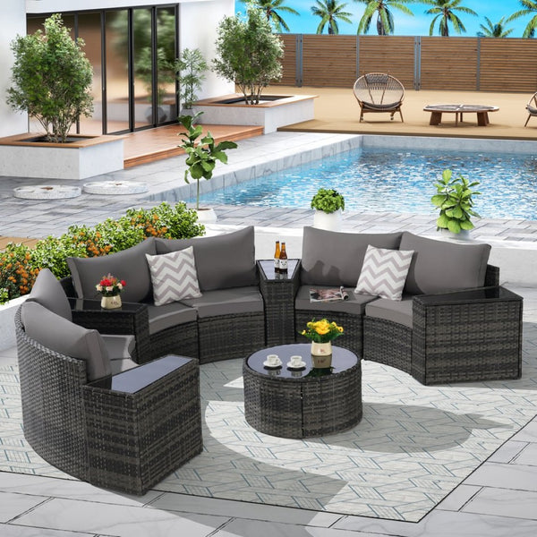 English Elm Outdoor Patio Furniture 11-Piece Half-Moon Sectional Set With Glass Table For Stylish Outdoor Lounging W874S00047-GIGA