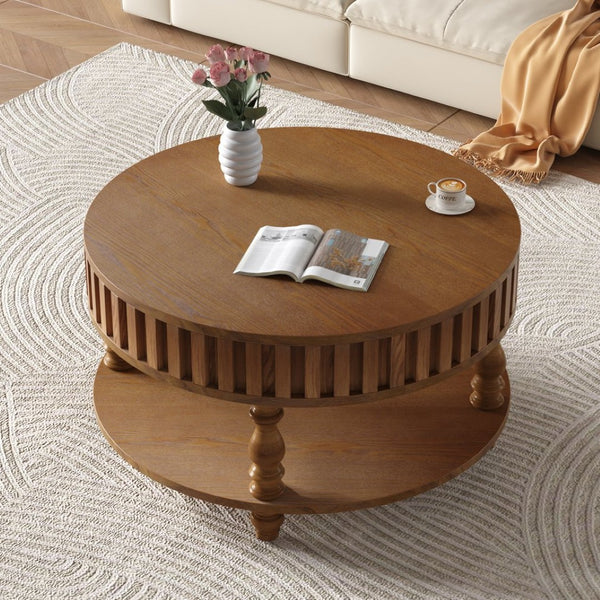English Elm Farmhouse Fluted Square Coffee Table with Flip Top Hidden Compartment and Open Shelf Walnut Brown W1445P370480