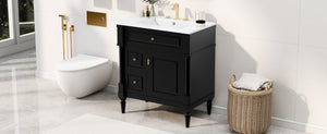 English Elm 30" Freestanding Bathroom Vanity Rubberwood Frame Ceramic Sink Flip Drawer Storage Black N725P356062B