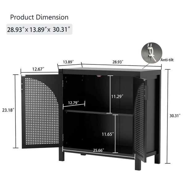 English Elm Black Rattan Accent Cabinet with Doors - 29" Narrow Black Sideboard Buffet, Adjustable Shelf, Stylish Storage for Entryway, Kitchen, Living Room W3081P339023