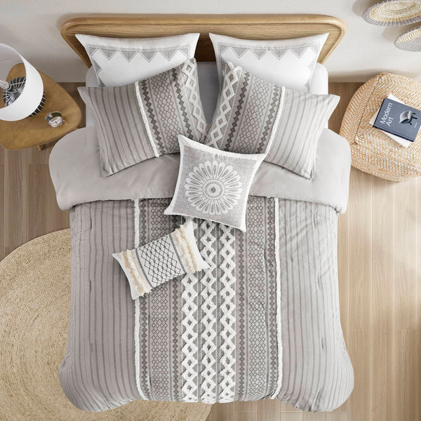 English Elm Cotton Imani Printed Chenille Comforter Set Full/Queen — Mid-Century Geometric Texture, OEKO-TEX Certified, Soft breathable cotton Gray 21.65 L x 22.83 W x 9.45 H B035128798