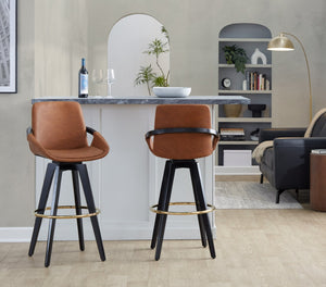 English Elm Fixed-height Swivel Barstools Upholstered Grey Fabric Black Wood Legs Kitchen Set of 2 Camel B202S01894