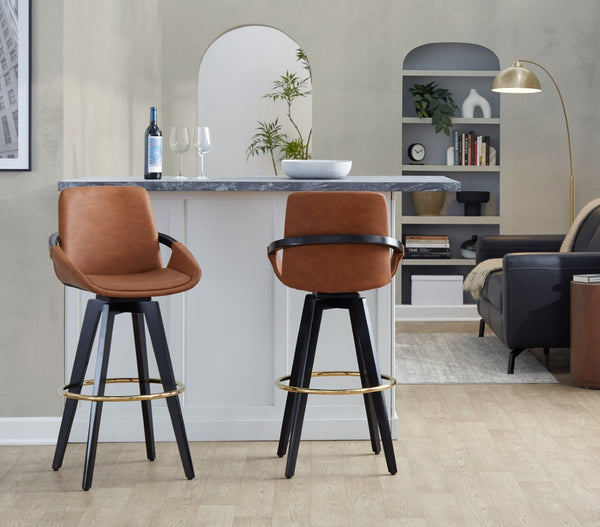 English Elm Fixed-height Swivel Barstools Upholstered Grey Fabric Black Wood Legs Kitchen Set of 2 Camel B202S01894