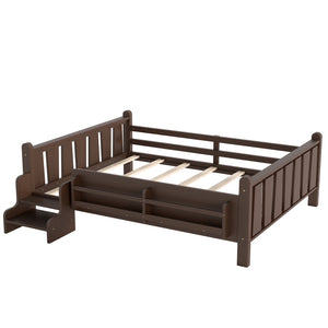 English Elm Twin Pine Floor Bed for Kids with Side Bookcases Built-in Stairs and Safety Guardrails Espresso W1580P390226